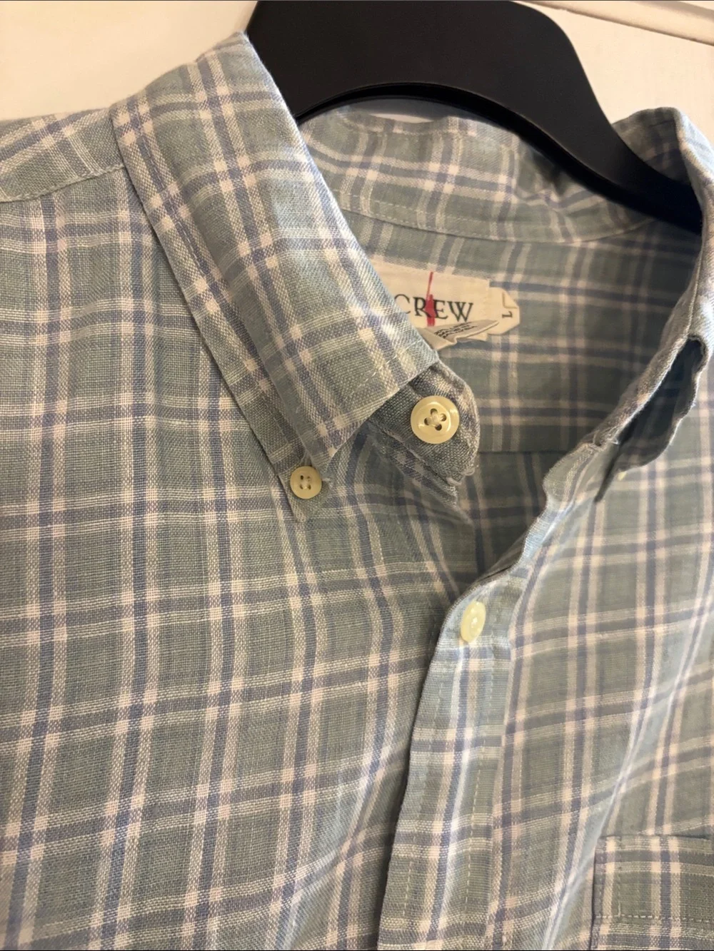 J. Crew Linen Green Plaid Button-Down Mens Shirt large